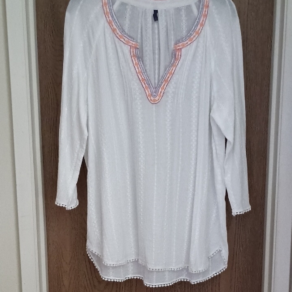 NYDJ White and Pink Embellished Tunic Blouse